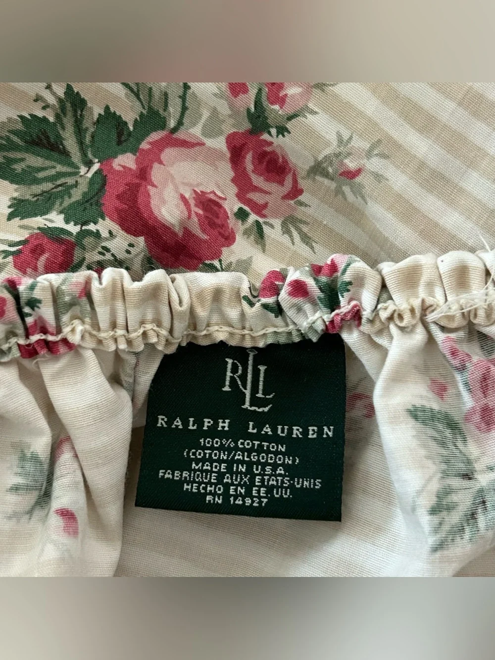 Vintage RALPH LAUREN Marseilles Stripe Queen Fitted Sheet Beige Tan Floral Rose